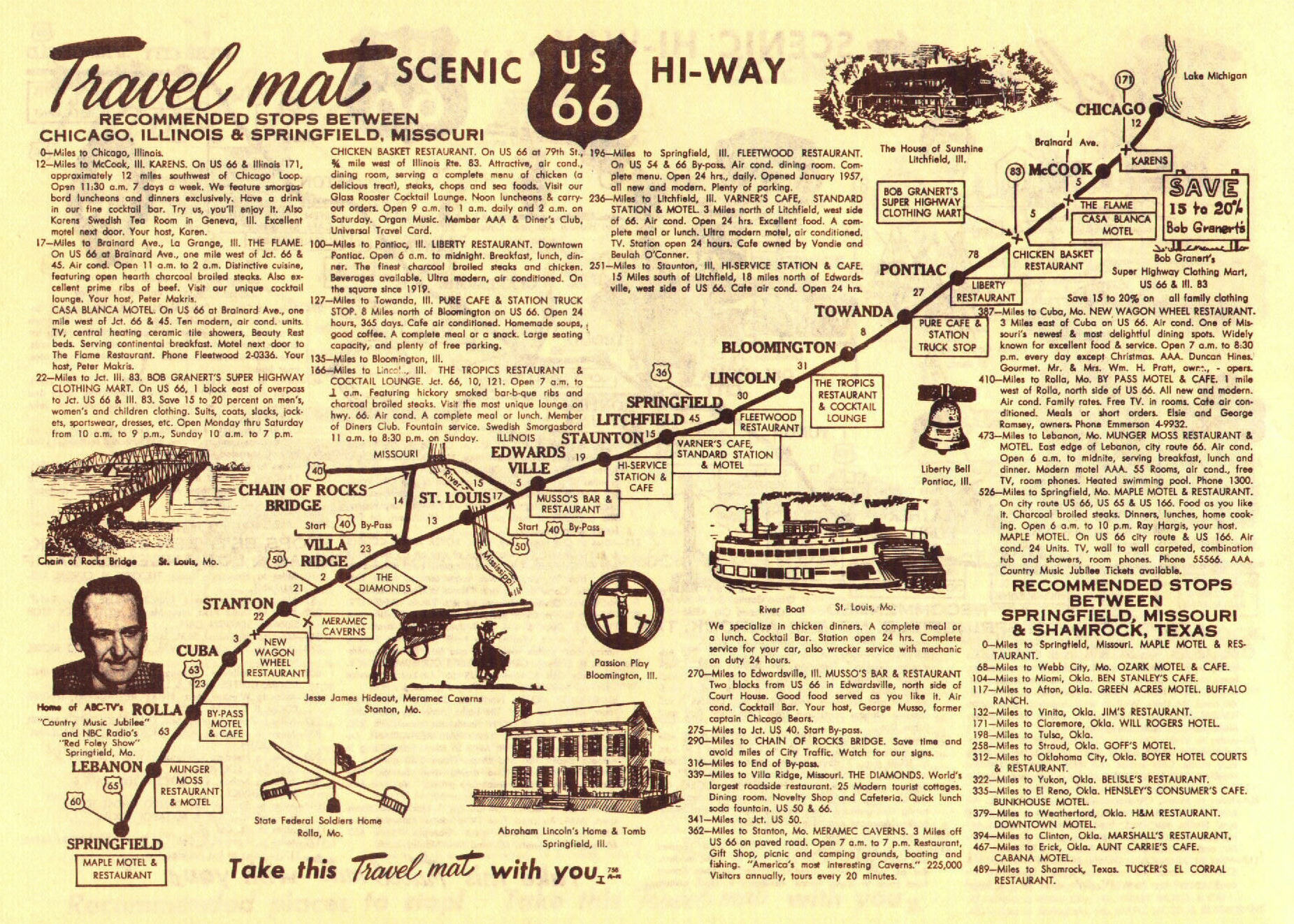 Route 66 Travel Map, c. 1959, Chicago to Springfield, MO