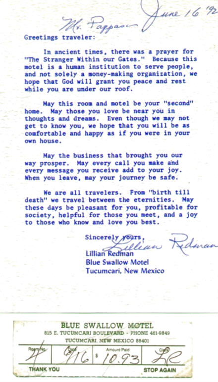 Welcoming handout and receipt, Blue Swallow Motel, Tucumcari, NM