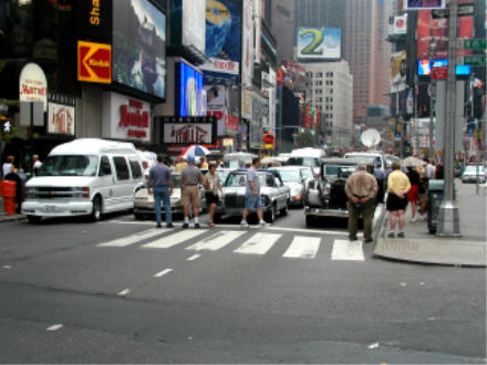 Lincoln Highway tourists in front of the Marriott Marquis, Times Square, New York