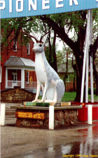 Jackalope at entrance to state fairgrounds, Douglas, WY