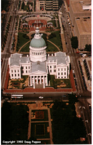 Old Courthouse and downtown St. Louis from inside Gateway Arch