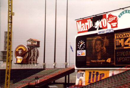 Bernie Brewer's perch and black and white TV on scoreboard