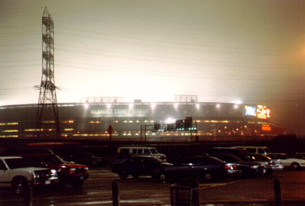 County Stadium on a rainy night