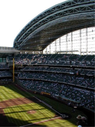 Retractable roof, fully retracted, and four decks of seating