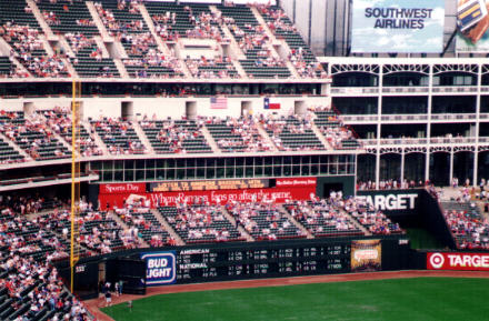 Left field stands and scoreboard