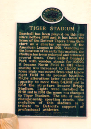Plaque on exterior wall of Tiger Stadium
