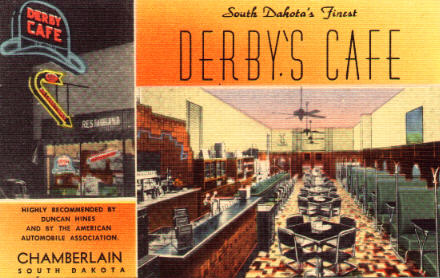 Vintage postcard of Derby's Cafe, Chamberlain, SD