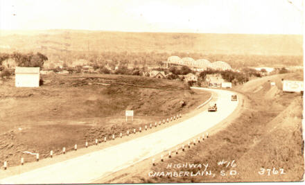 Vintage postcard view of road approaching Chamberlain, SD
